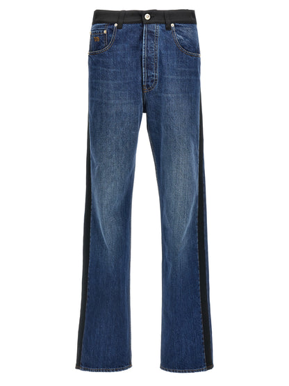 Jeans by WALES BONNER for men in denim cotton satin blue features an refined tailoring silhouette, showcasing a premium straight-leg with a high rise and long cut for a refined tailoring look.