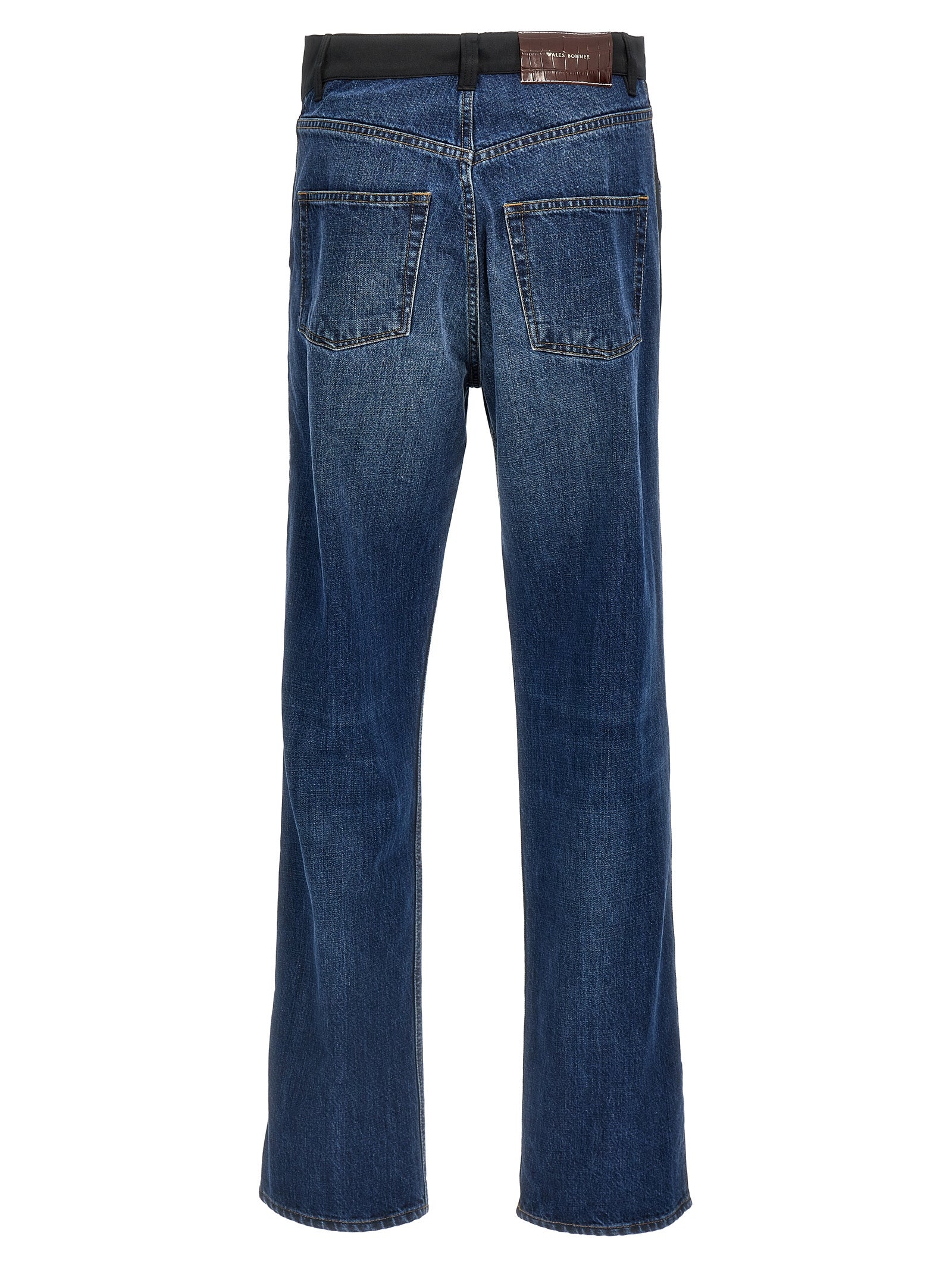 Jeans by WALES BONNER for men in denim cotton satin blue features a refined silhouette with a refined straight-leg, defined by a high rise and a refined long for a refined finish.