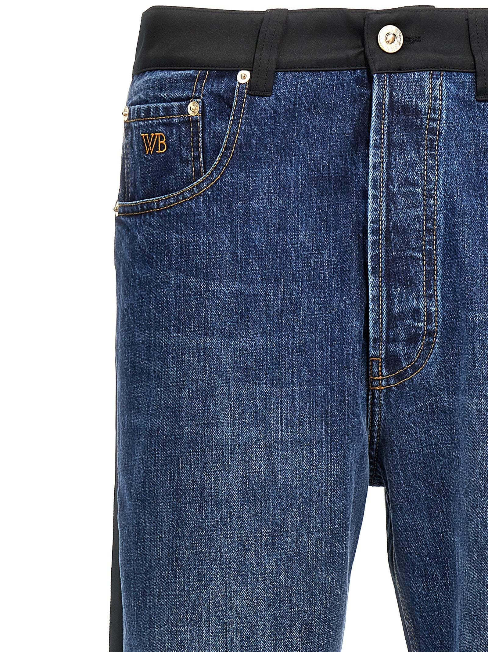 Jeans by WALES BONNER for men in denim cotton satin blue presents a tailored silhouette, showcasing a tailored straight-leg and long cut with a refined high rise for a truly tailored aesthetic.