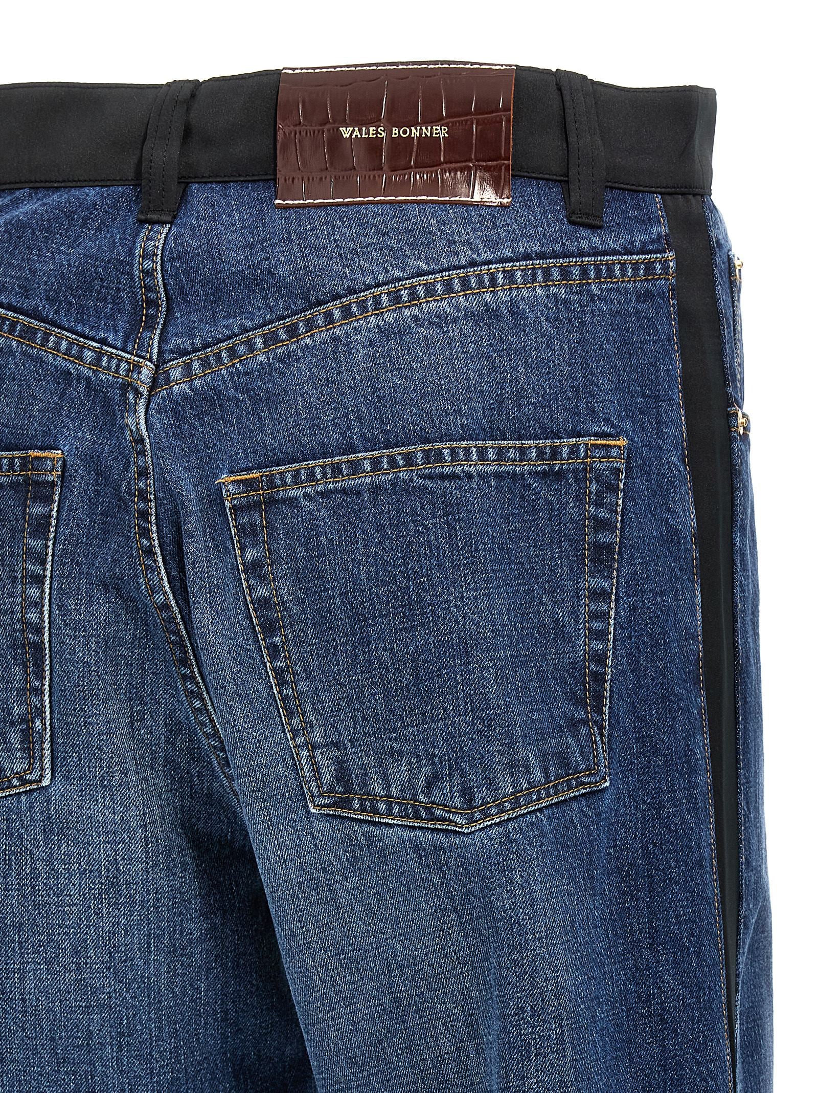 Jeans by WALES BONNER for men in denim cotton satin blue features an sartorial straight-leg and long with a high rise cut for a sartorial finish.