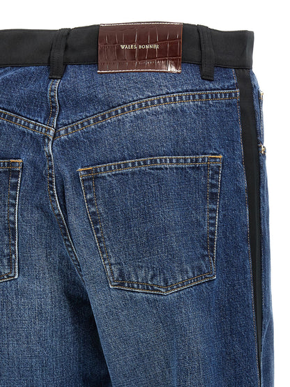 Jeans by WALES BONNER for men in denim cotton satin blue features an sartorial straight-leg and long with a high rise cut for a sartorial finish.