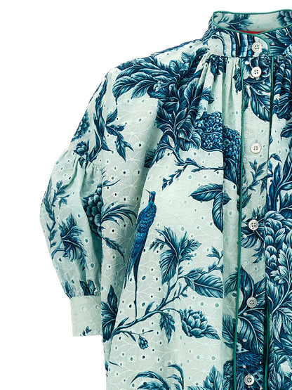 Dress by F.R.S. - FOR RESTLESS SLEEPERS for women in cotton satin multicolor, floral & print features a dramatic silhouette, showcasing an elegant mandarin neckline and that flows into a dramatic maxi short long.