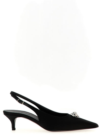 This Mid-Heel Slingback Pumps Heels by Magda Butrym for women in satin silk & leather black & silver presents a effortlessly chic silhouette from the Women's Satin Silk & Leather Mid-Heel Slingback Pumps Heels collection, featuring a effortlessly chic mid-heel and effortlessly chic pointed toe style.