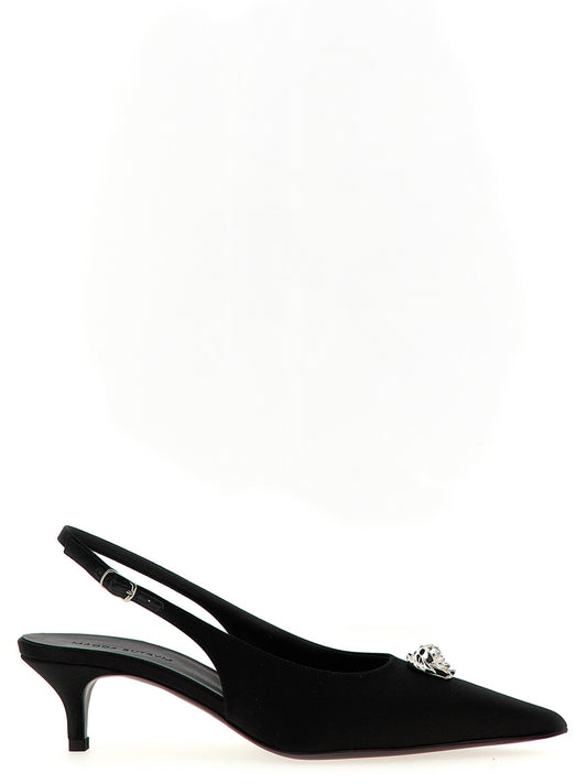 This Mid-Heel Slingback Pumps Heels by Magda Butrym for women in satin silk & leather black & silver presents a effortlessly chic silhouette from the Women's Satin Silk & Leather Mid-Heel Slingback Pumps Heels collection, featuring a effortlessly chic mid-heel and effortlessly chic pointed toe style.
