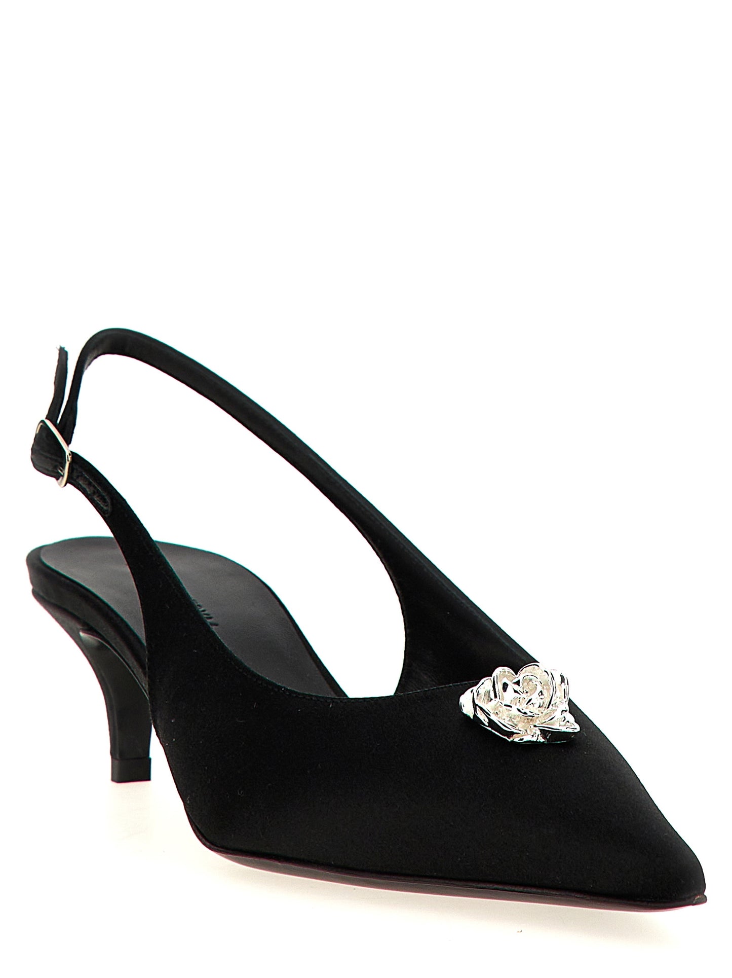 Mid-Heel Slingback Pumps Heels by Magda Butrym for women in satin silk & leather black & silver features an effortlessly chic silhouette from the Women's Satin Silk & Leather Mid-Heel Slingback Pumps Heels collection, showcasing a mid-heel and effortlessly chic pointed toe style for a effortlessly chic look.