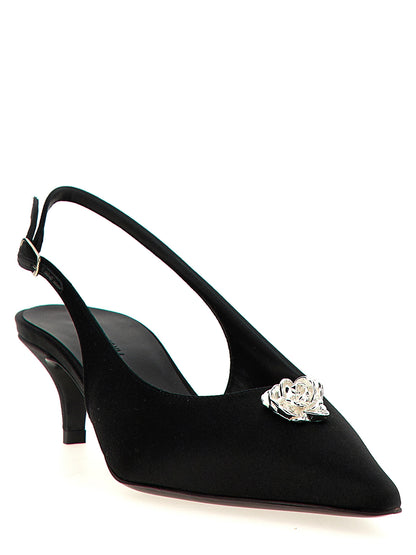 Mid-Heel Slingback Pumps Heels by Magda Butrym for women in satin silk & leather black & silver features an effortlessly chic silhouette from the Women's Satin Silk & Leather Mid-Heel Slingback Pumps Heels collection, showcasing a mid-heel and effortlessly chic pointed toe style for a effortlessly chic look.