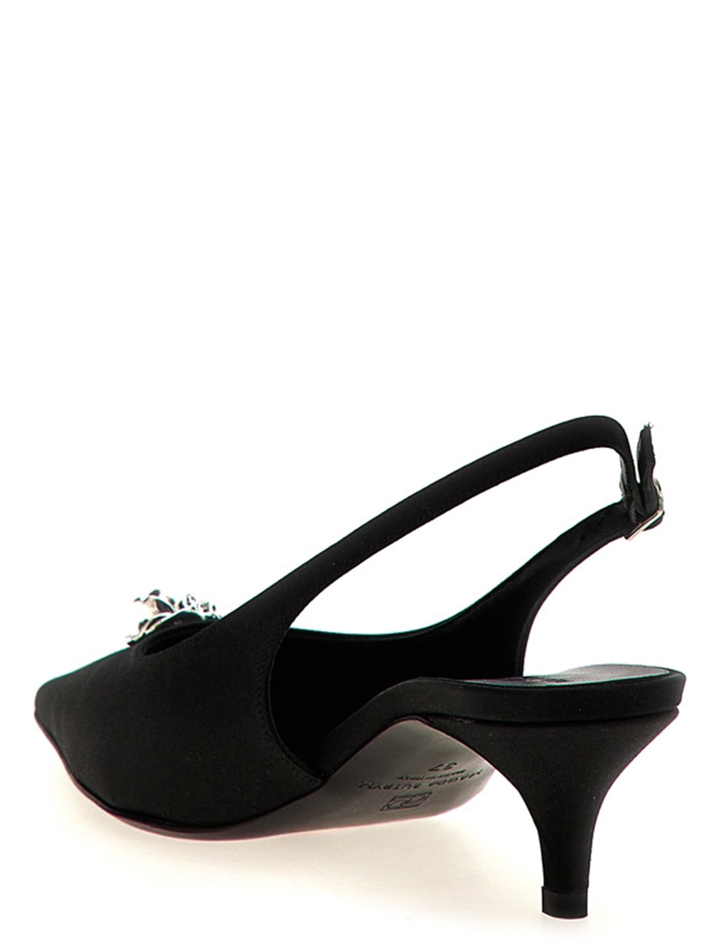 Mid-Heel Slingback Pumps Heels by Magda Butrym for women in satin silk & leather black & silver features a effortlessly chic Women's Satin Silk & Leather Mid-Heel Slingback Pumps Heels design with a sophisticated mid-heel and elegant pointed toe style.