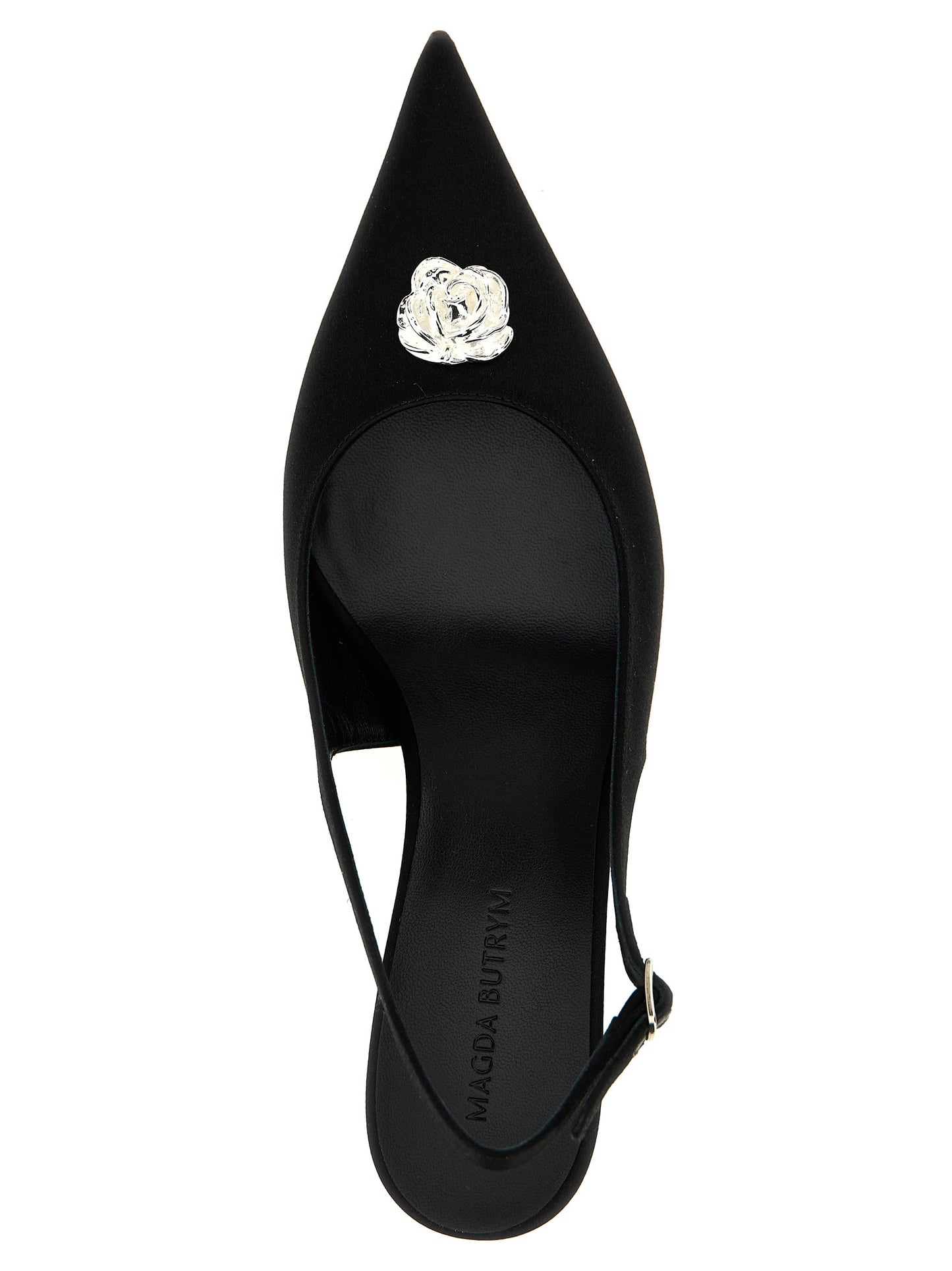 Mid-Heel Slingback Pumps Heels by Magda Butrym for women in satin silk & leather and black & silver showcases a effortlessly elegant silhouette as Women's Satin Silk & Leather Mid-Heel Slingback Pumps Heels, featuring a effortlessly elegant mid-heel and a effortlessly elegant pointed toe style for an elegant look.