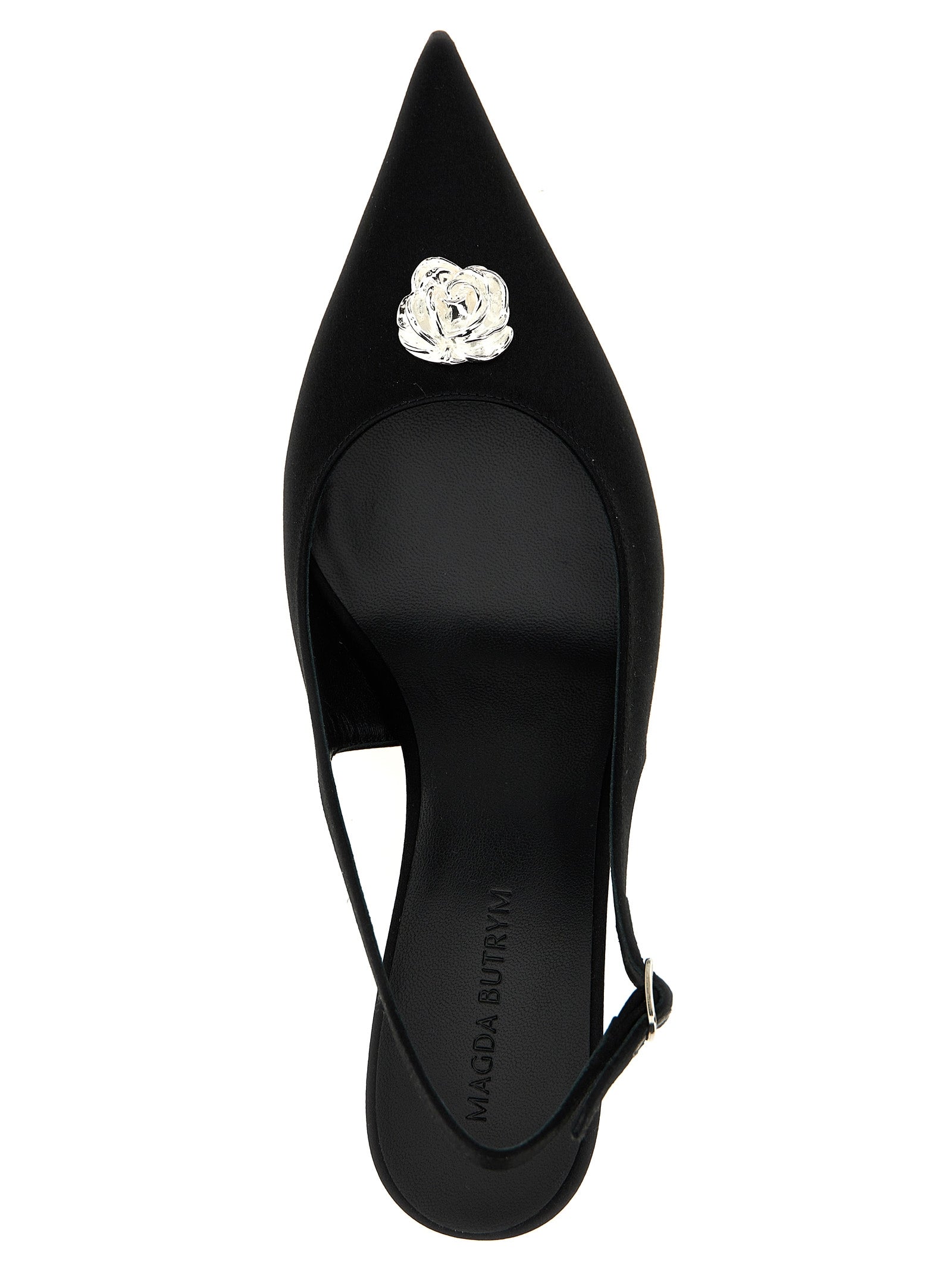 Mid-Heel Slingback Pumps Heels by Magda Butrym for women in satin silk & leather and black & silver showcases a effortlessly elegant silhouette as Women's Satin Silk & Leather Mid-Heel Slingback Pumps Heels, featuring a effortlessly elegant mid-heel and a effortlessly elegant pointed toe style for an elegant look.