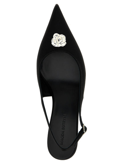 Mid-Heel Slingback Pumps Heels by Magda Butrym for women in satin silk & leather and black & silver showcases a effortlessly elegant silhouette as Women's Satin Silk & Leather Mid-Heel Slingback Pumps Heels, featuring a effortlessly elegant mid-heel and a effortlessly elegant pointed toe style for an elegant look.