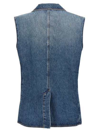 Vest by Coperni for women in denim cotton blue showcases a utilitarian silhouette, artfully incorporating pockets and a utilitarian for a truly utilitarian finish.