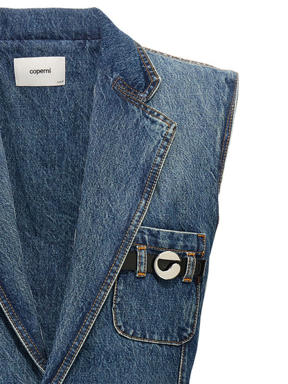 Vest by Coperni for women in denim cotton blue features a stylish silhouette, showcasing distinct pockets and a refined for a truly stylish finish.