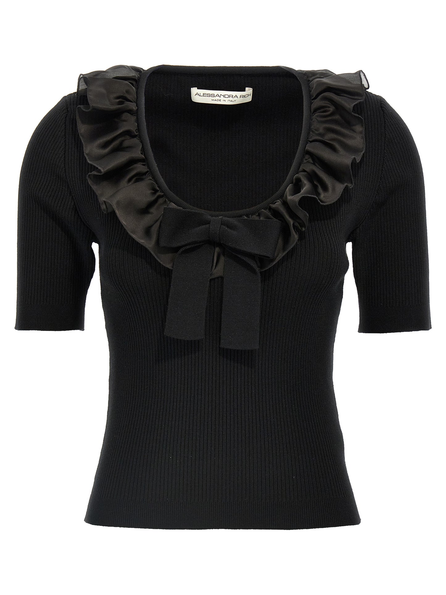 T-Shirt by Alessandra Rich for women in cashmere black showcases a fashionable silhouette, elegantly detailed with a fashionable short-sleeve and round neckline for a sophisticated, high-fashion look.