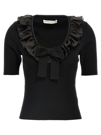 T-Shirt by Alessandra Rich for women in cashmere black showcases a fashionable silhouette, elegantly detailed with a fashionable short-sleeve and round neckline for a sophisticated, high-fashion look.