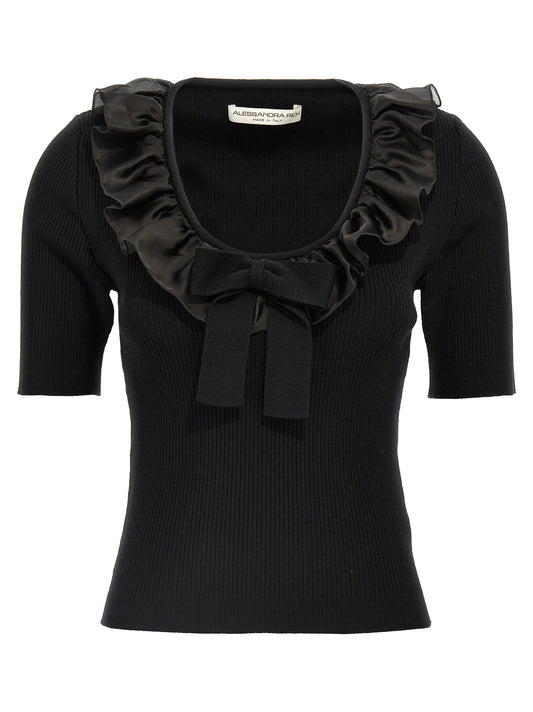 T-Shirt by Alessandra Rich for women in cashmere black showcases a fashionable silhouette, elegantly detailed with a fashionable short-sleeve and round neckline for a sophisticated, high-fashion look.