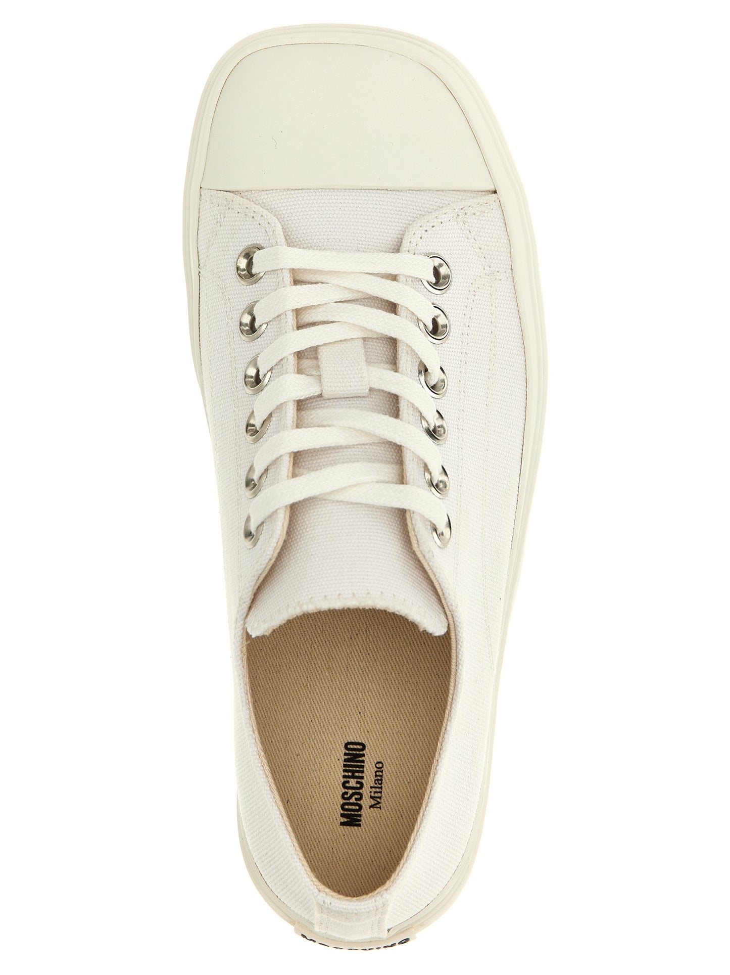 Sneakers by Moschino for women in cotton canvas white features an timeless silhouette from the Women's Low Top Cotton Canvas Sneakers collection, showcasing a signature low-top style with an timeless finish.