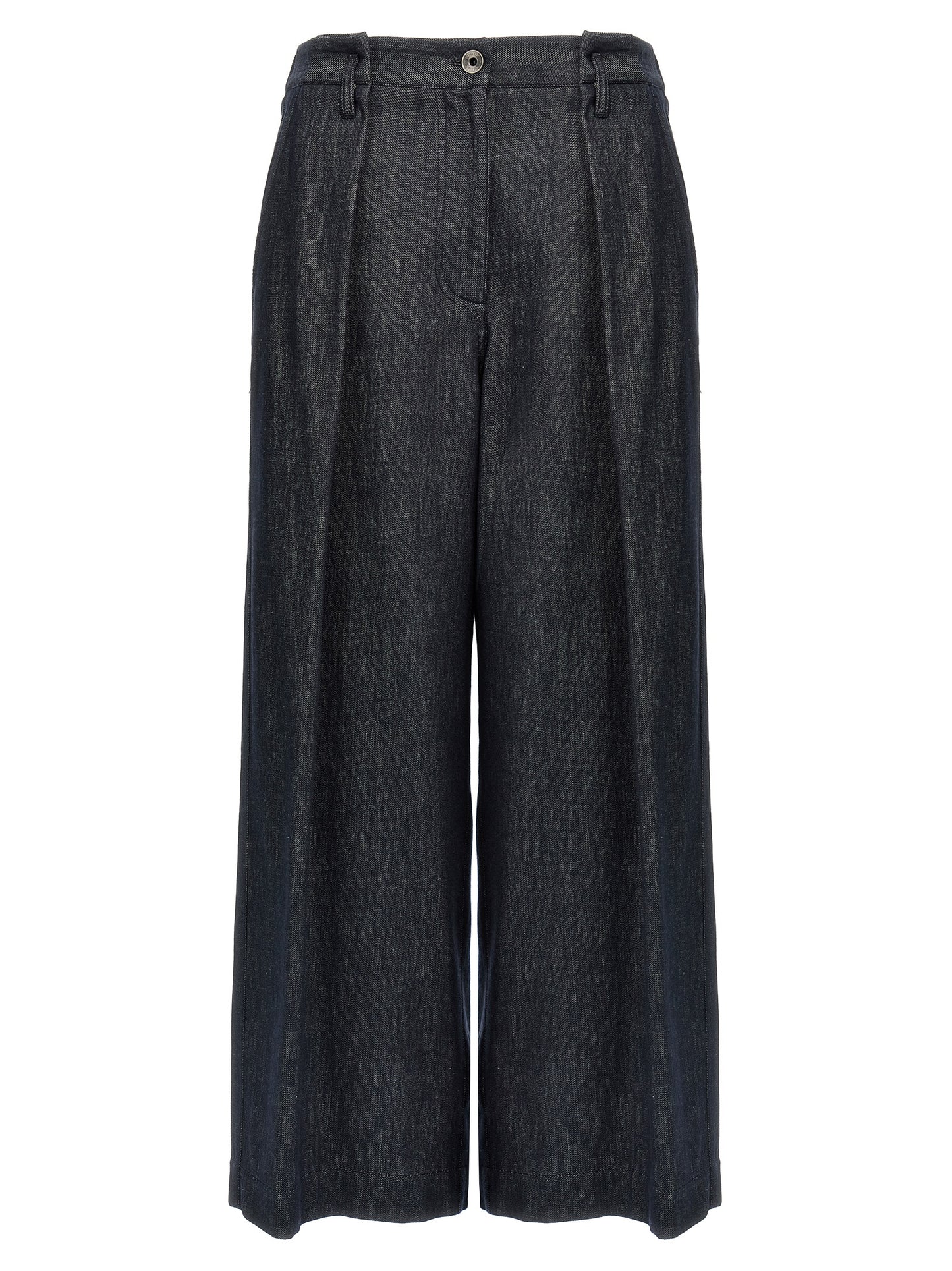 Palazzo Pants by Brunello Cucinelli for women in denim cotton twill blue presents a tailored silhouette, showcasing a tailored wide and long cut with a refined for a truly tailored aesthetic.
