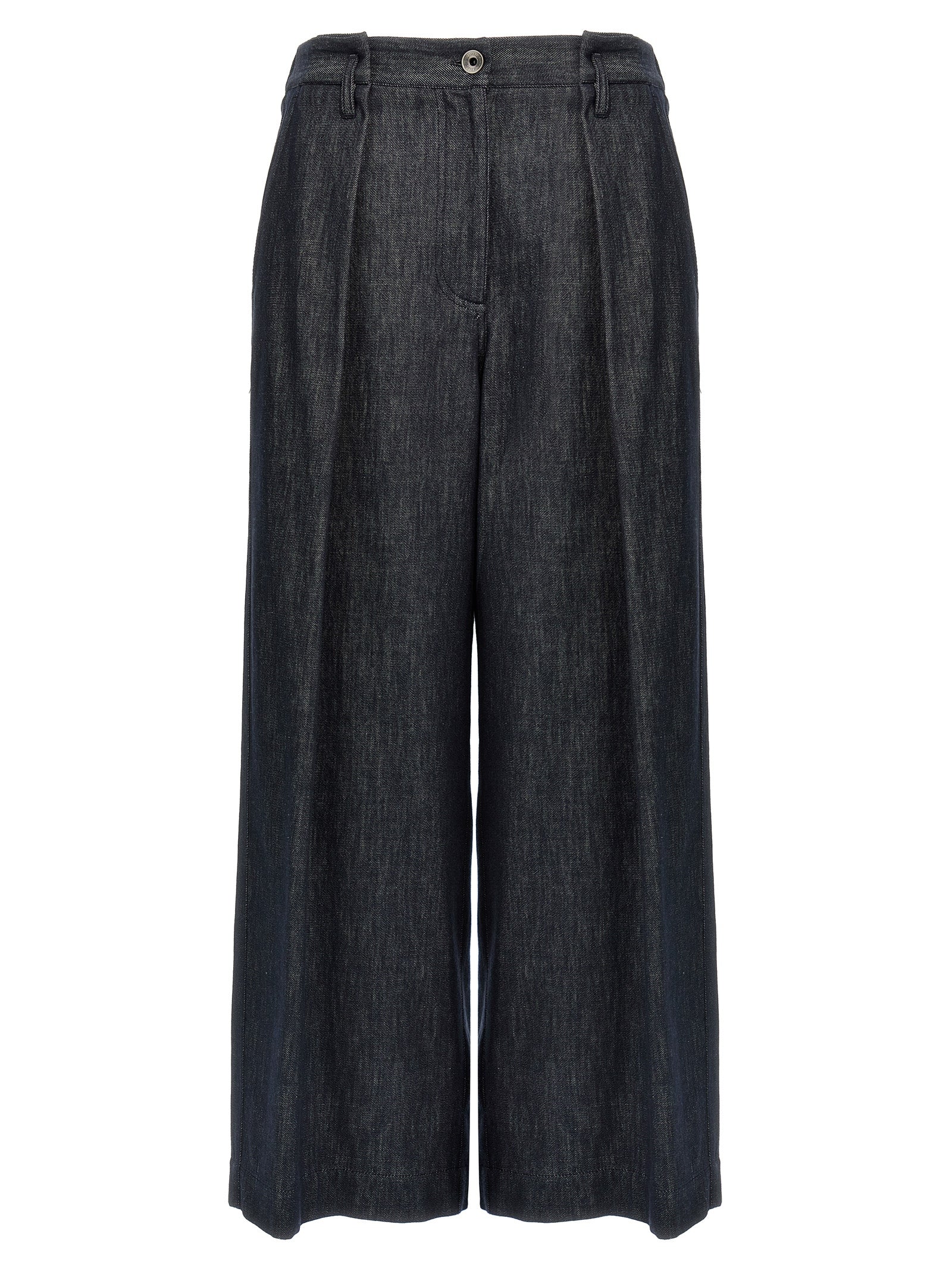 Palazzo Pants by Brunello Cucinelli for women in denim cotton twill blue presents a tailored silhouette, showcasing a tailored wide and long cut with a refined for a truly tailored aesthetic.