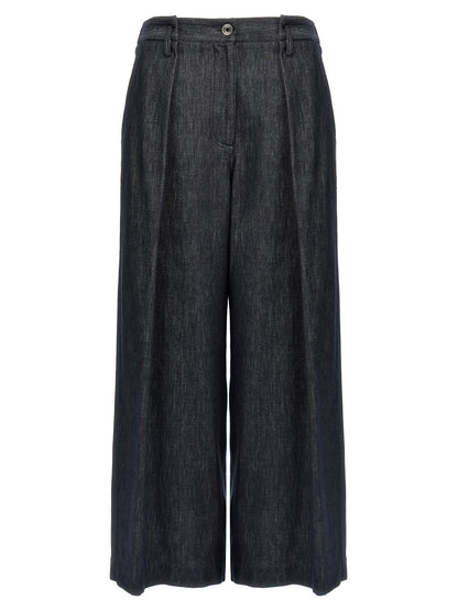 Palazzo Pants by Brunello Cucinelli for women in denim cotton twill blue presents a tailored silhouette, showcasing a tailored wide and long cut with a refined for a truly tailored aesthetic.