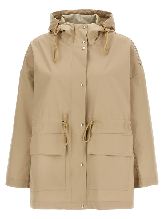 This Hooded Parka by Moncler for women in polyester leather & cotton beige & signature presents a enveloping silhouette, meticulously detailed with pockets & hooded and a enveloping hooded high-neck neckline.