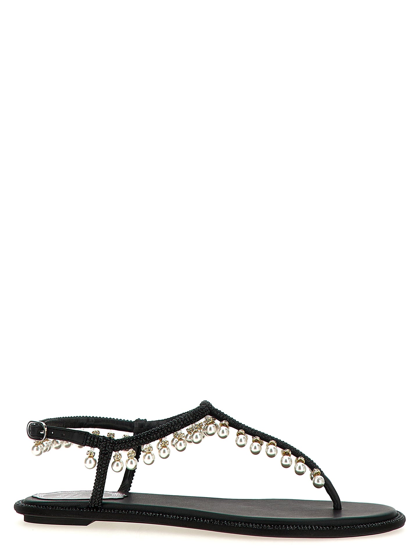Flat Thong Sandals by RENE CAOVILLA for women in viscose leather & rhinestone black & pearl showcases a sculptural silhouette as Women's Viscose Leather & Rhinestone Flat Thong Sandals, defined by a sculptural flat and sculptural for a sculptural look.