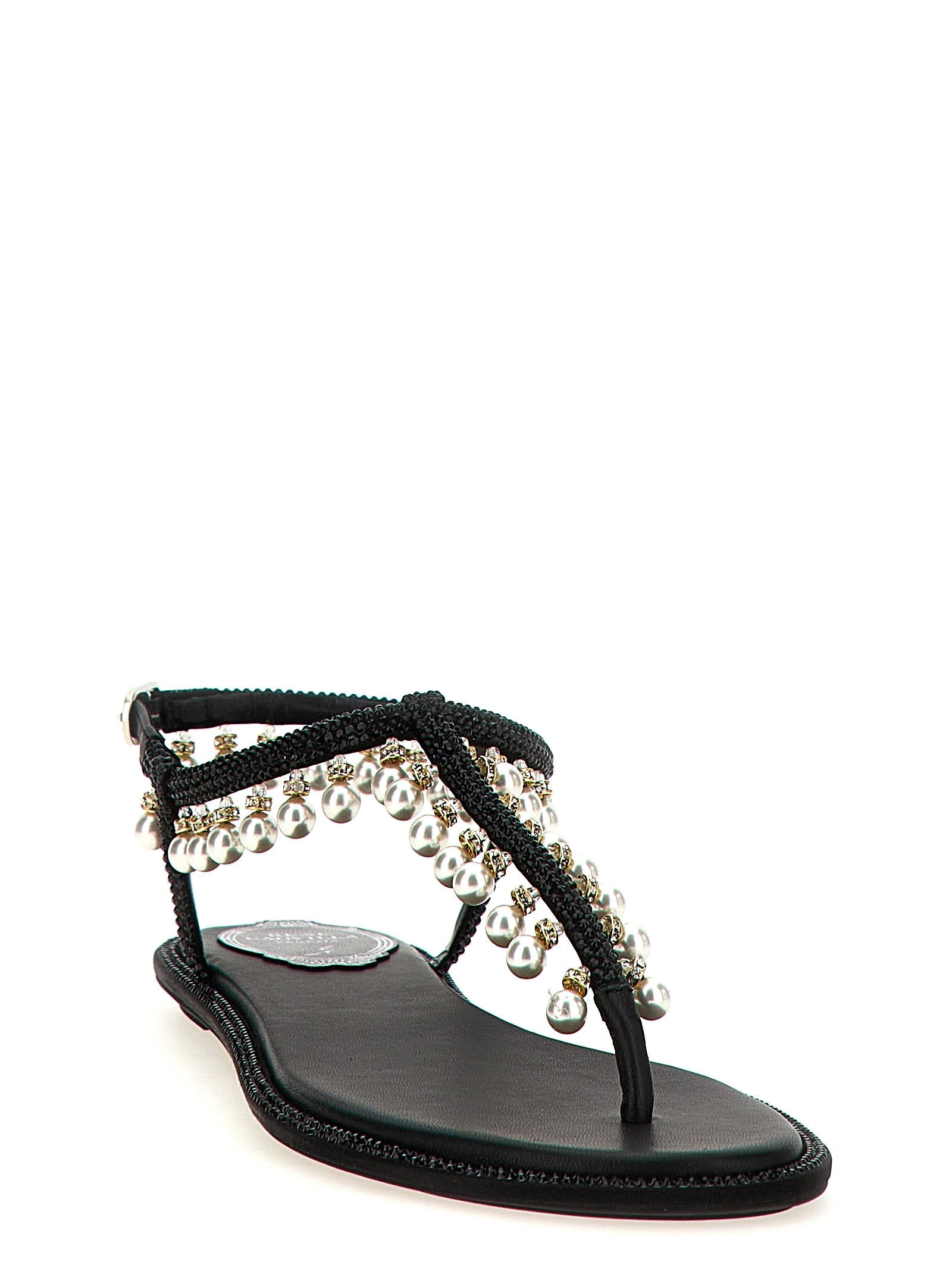 Flat Thong Sandals by RENE CAOVILLA for women in viscose leather & rhinestone black & pearl presents a sculptural silhouette, showcasing the Women's Viscose Leather & Rhinestone Flat Thong Sandals design with a sculptural flat and for a premium look.