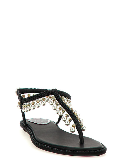 Flat Thong Sandals by RENE CAOVILLA for women in viscose leather & rhinestone black & pearl presents a sculptural silhouette, showcasing the Women's Viscose Leather & Rhinestone Flat Thong Sandals design with a sculptural flat and for a premium look.