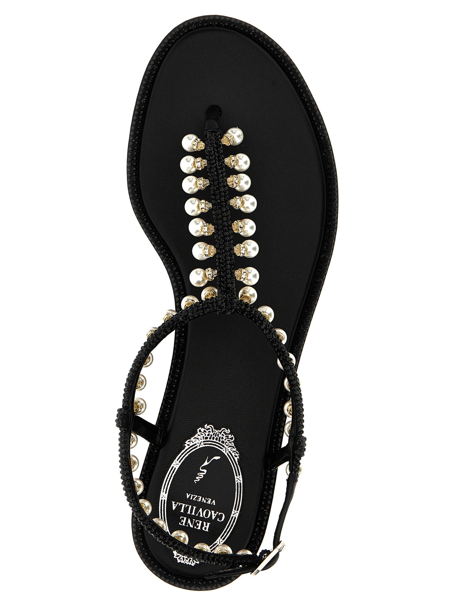 Flat Thong Sandals by RENE CAOVILLA for women in viscose leather & rhinestone black & pearl features an effortlessly chic silhouette from the Women's Viscose Leather & Rhinestone Flat Thong Sandals collection, showcasing a effortlessly chic flat and elegant .