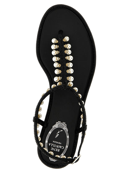 Flat Thong Sandals by RENE CAOVILLA for women in viscose leather & rhinestone black & pearl features an effortlessly chic silhouette from the Women's Viscose Leather & Rhinestone Flat Thong Sandals collection, showcasing a effortlessly chic flat and elegant .