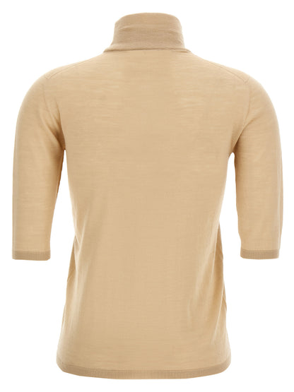 Cardigan by Max Mara for women in virgin wool beige showcases a luxurious silhouette, meticulously detailed with a sophisticated turtle high-neck neckline and for a refined finish.