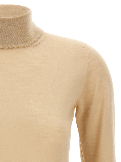 Cardigan by Max Mara for women in virgin wool beige features an crisp silhouette, showcasing a sophisticated turtle high-neck neckline and detail for a truly crisp finish.