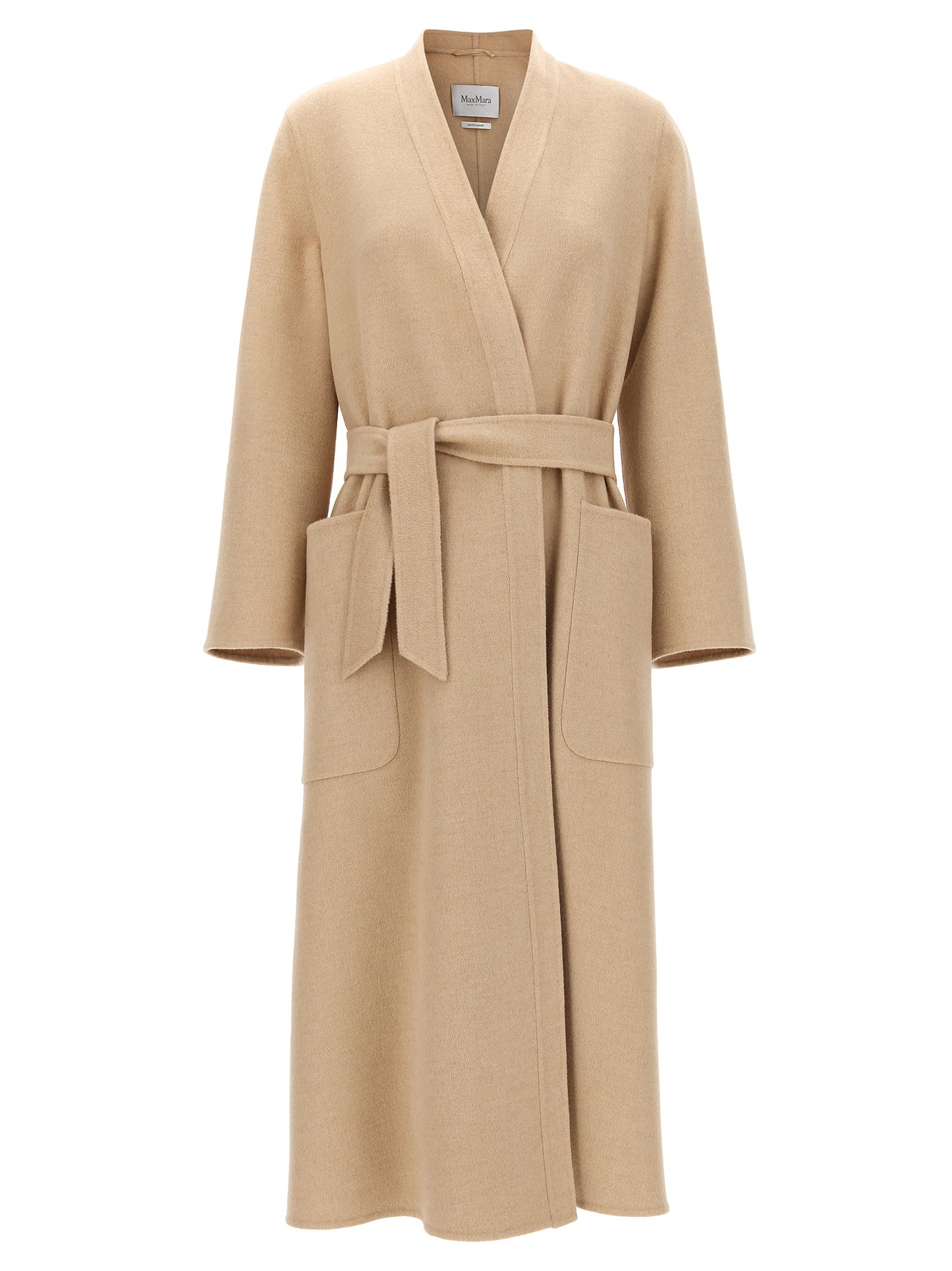 Overcoat by Max Mara for women in wool beige & camel features a cosy chic silhouette, artfully detailed with a sophisticated split neckline and premium pockets for a cosy chic finish.