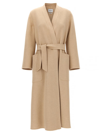 Overcoat by Max Mara for women in wool beige & camel features a cosy chic silhouette, artfully detailed with a sophisticated split neckline and premium pockets for a cosy chic finish.