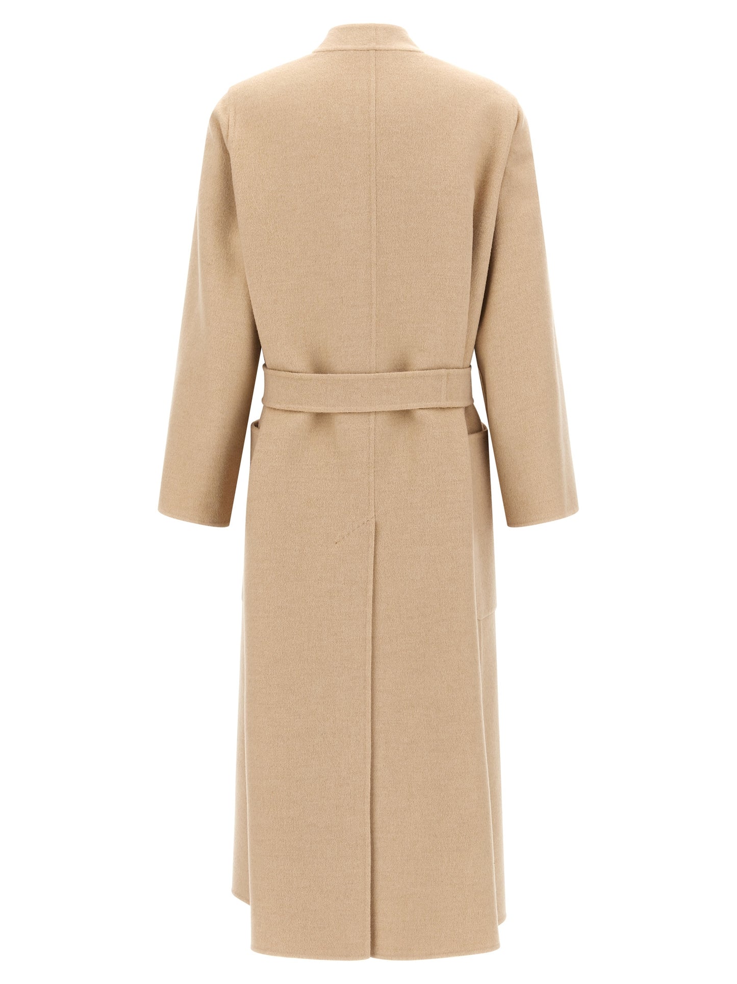 Overcoat by Max Mara for women in wool beige & camel features an satoral silhouette, showcasing a sophisticated split neckline and satoral pockets for a premium, timeless look.