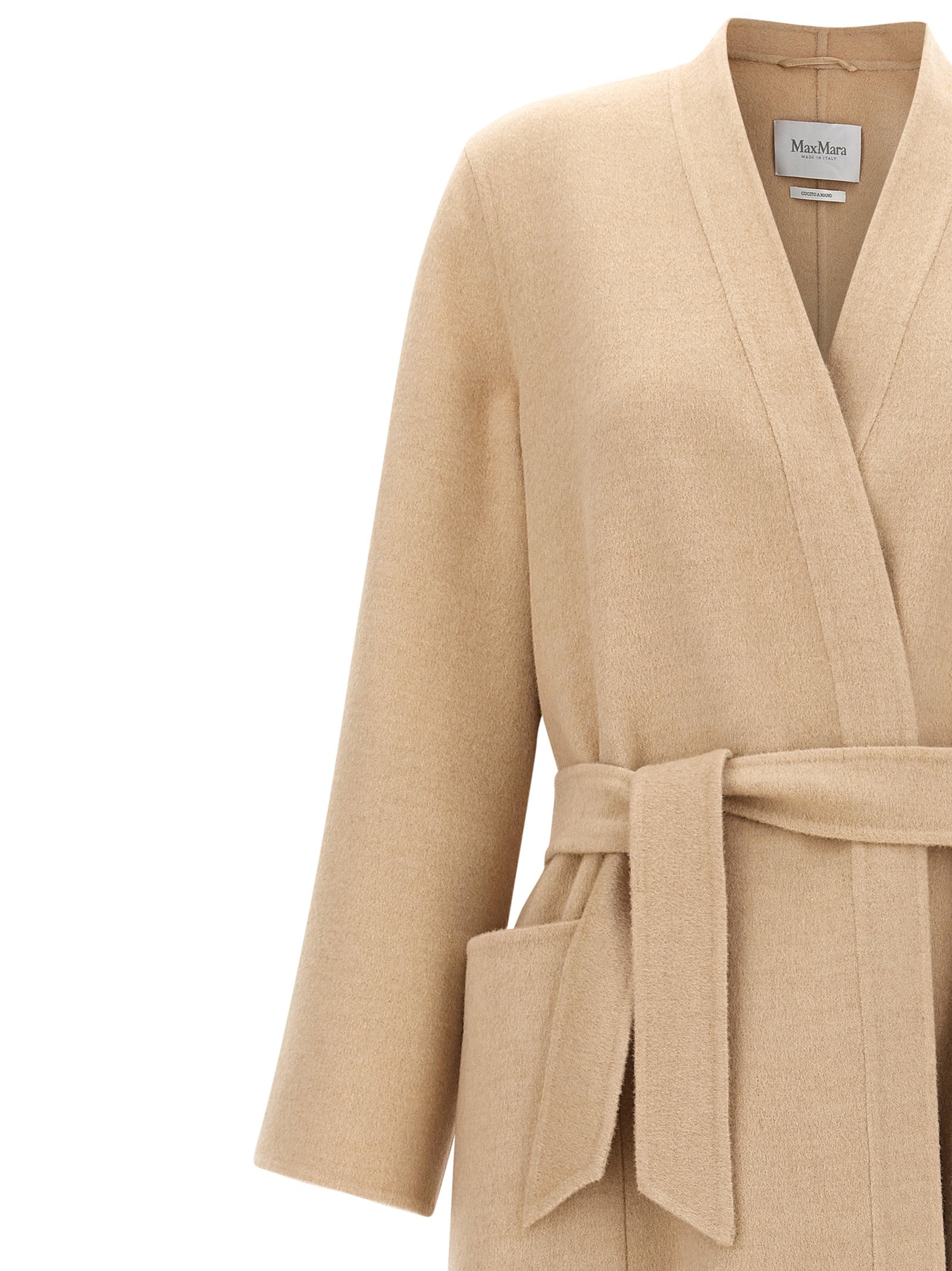 Overcoat by Max Mara for women in wool beige & camel showcases a enveloping silhouette, detailed with distinctive pockets and a enveloping split neckline.