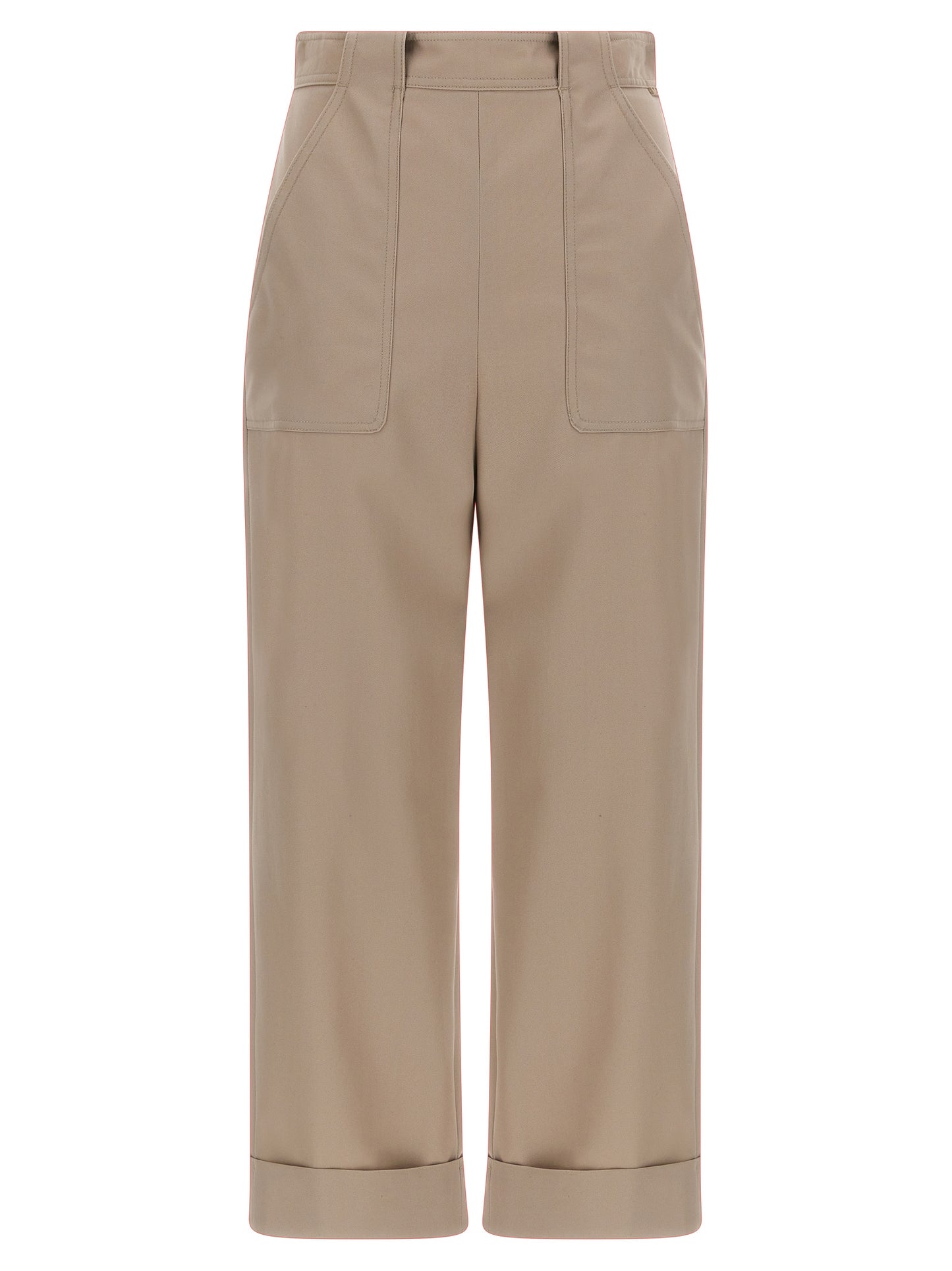 Trousers by Max Mara for women in cotton beige features a sculptural silhouette, showcasing a sculptural and long with a sophisticated high rise for a sculptural finish.