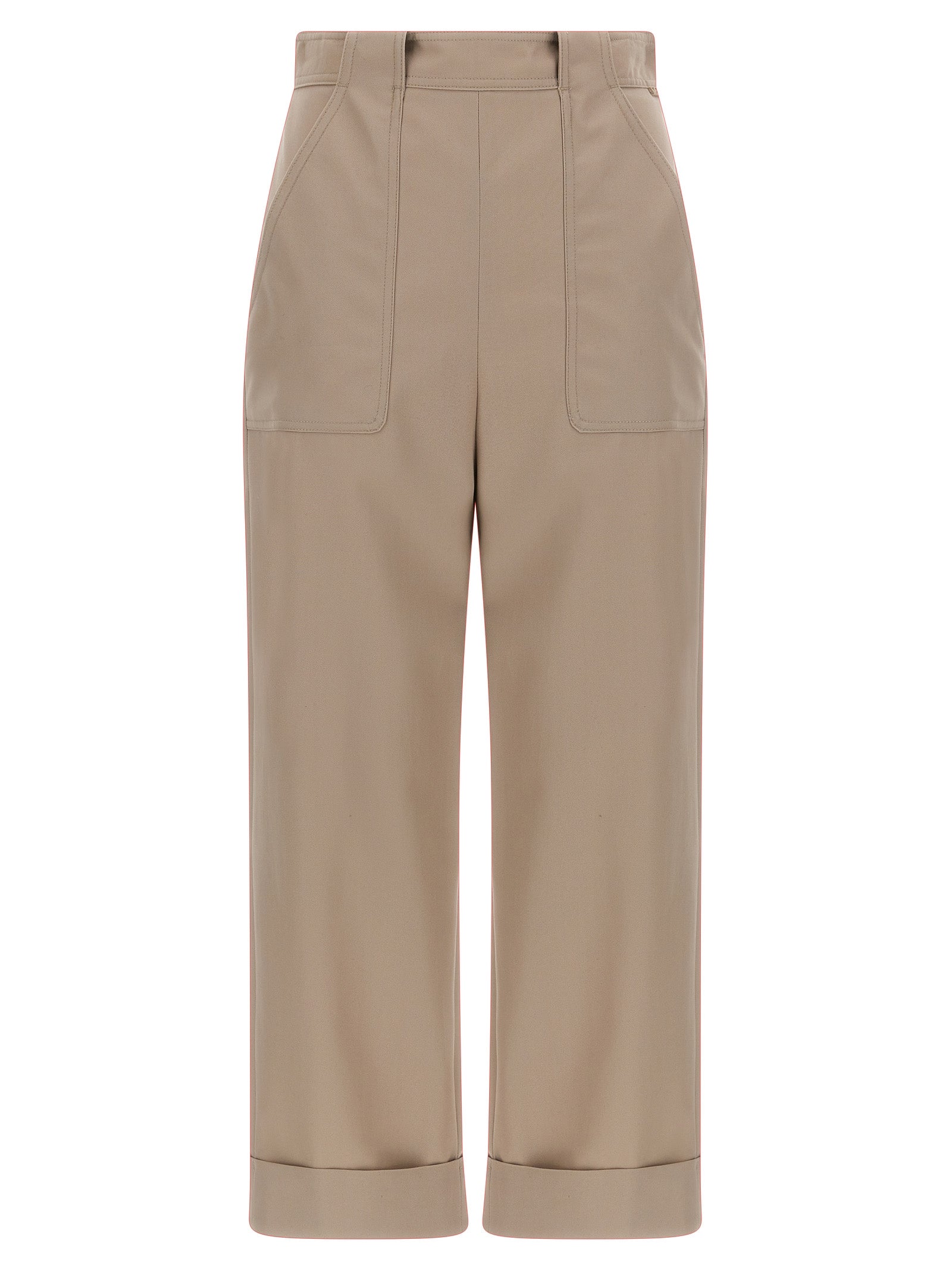 Trousers by Max Mara for women in cotton beige features a sculptural silhouette, showcasing a sculptural and long with a sophisticated high rise for a sculptural finish.
