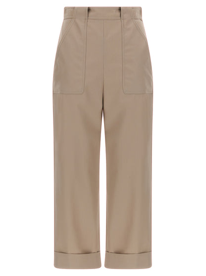 Trousers by Max Mara for women in cotton beige features a sculptural silhouette, showcasing a sculptural and long with a sophisticated high rise for a sculptural finish.