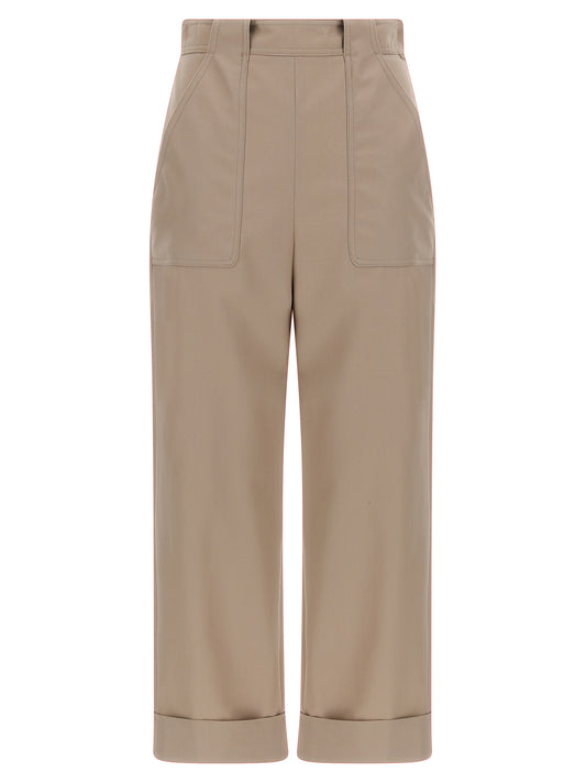 Trousers by Max Mara for women in cotton beige features a sculptural silhouette, showcasing a sculptural and long with a sophisticated high rise for a sculptural finish.