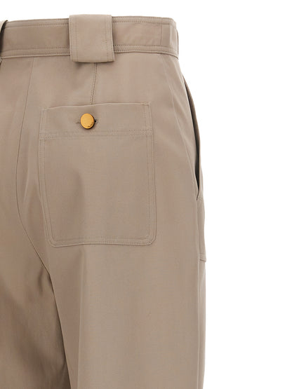 Trousers by Max Mara for women in cotton beige features an sartorial silhouette, showcasing a precise and long with a sartorial high rise for a refined look.