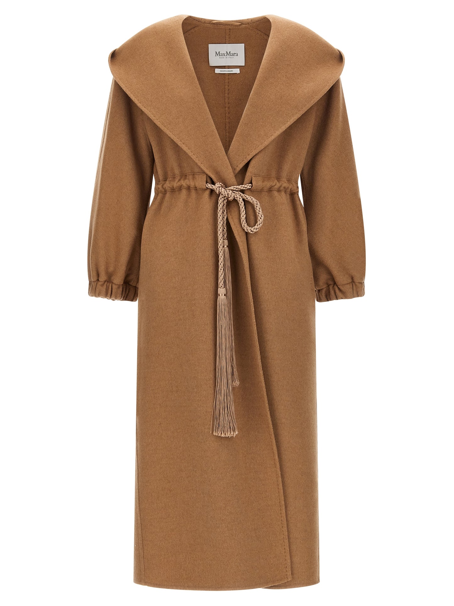 Hooded Overcoat by Max Mara for women in wool brown & camel features an satoral silhouette, showcasing a sophisticated wrap hooded shawl-collar neckline and satoral hooded for a premium, timeless look.
