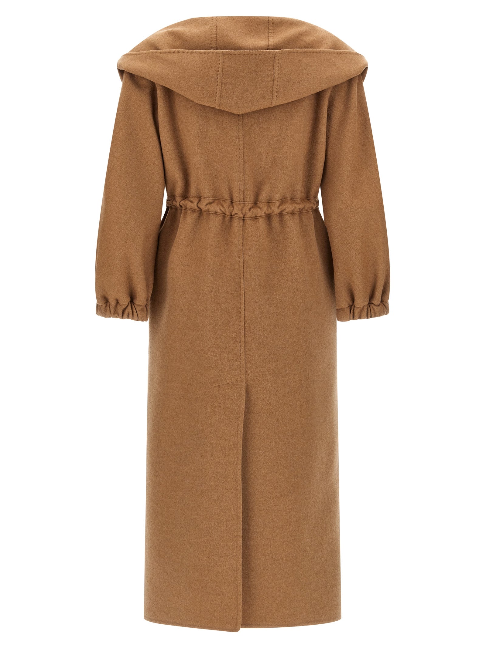 Hooded Overcoat by Max Mara for women in wool brown & camel features a contemporary silhouette showcasing a contemporary wrap hooded shawl-collar neckline and refined hooded for a sophisticated finish.