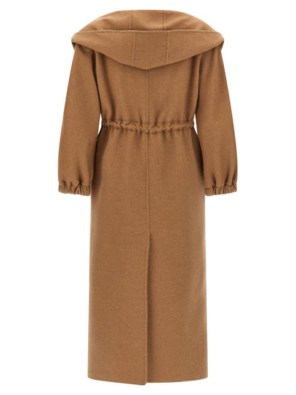 Hooded Overcoat by Max Mara for women in wool brown & camel features a contemporary silhouette showcasing a contemporary wrap hooded shawl-collar neckline and refined hooded for a sophisticated finish.