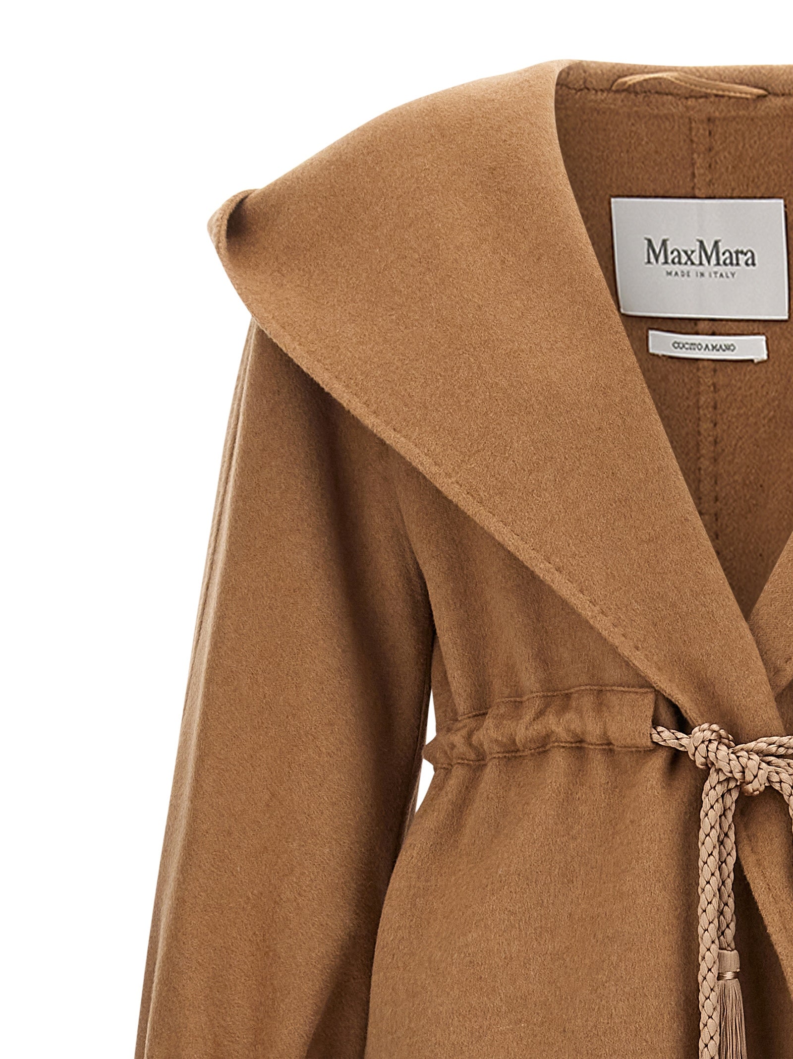 Hooded Overcoat by Max Mara for women in wool brown & camel showcases a enveloping silhouette, detailed with distinctive hooded and a enveloping wrap hooded shawl-collar neckline.
