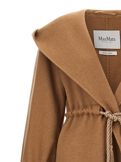 Hooded Overcoat by Max Mara for women in wool brown & camel showcases a enveloping silhouette, detailed with distinctive hooded and a enveloping wrap hooded shawl-collar neckline.
