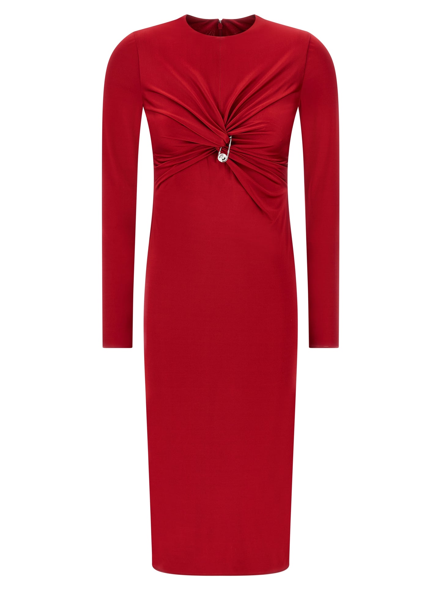 Dress by Versace for women in viscose multicolor & red features a dramatic silhouette, showcasing an elegant crew neckline and long-sleeve that flows into a dramatic midi.