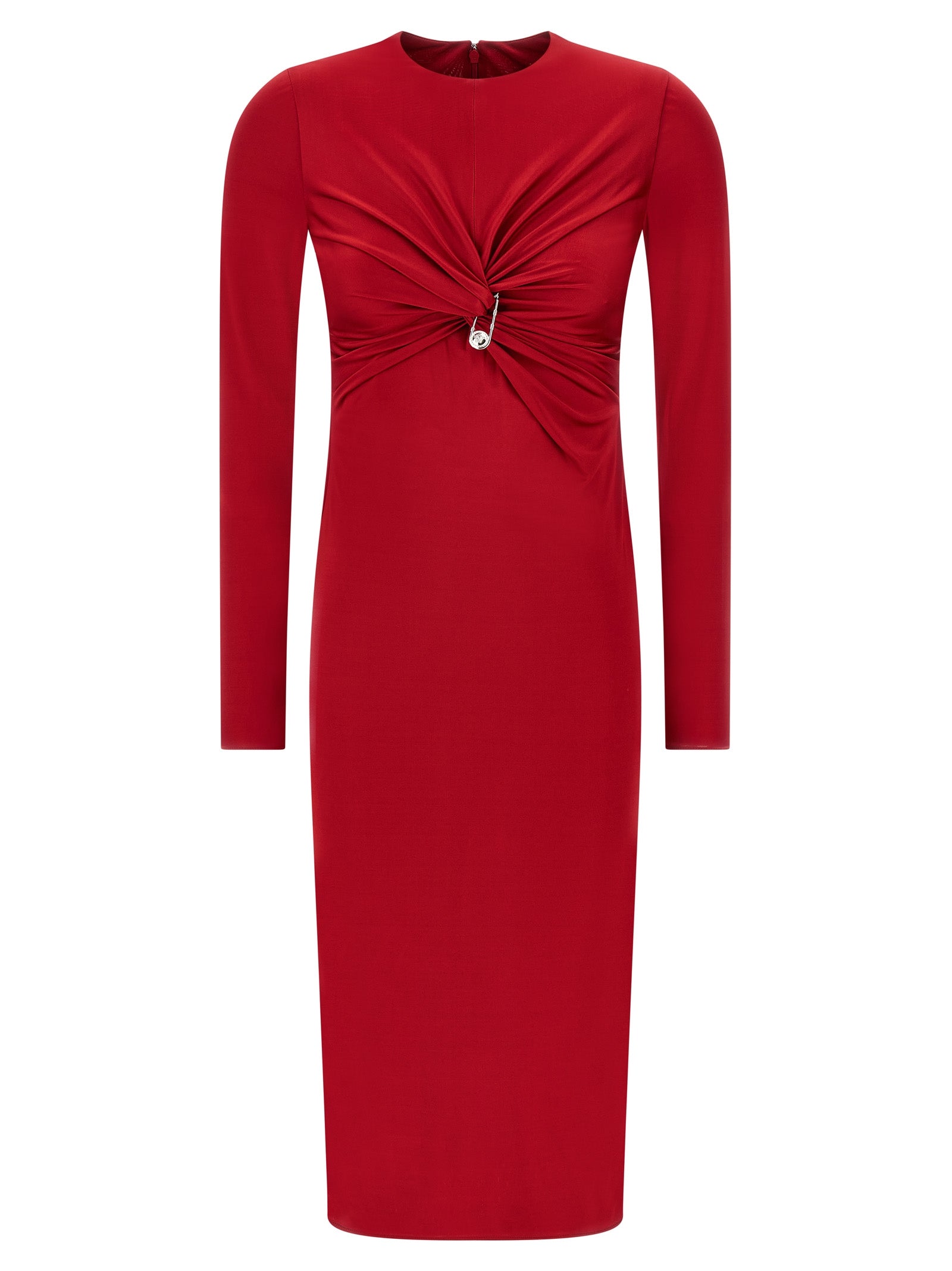 Dress by Versace for women in viscose multicolor & red features a dramatic silhouette, showcasing an elegant crew neckline and long-sleeve that flows into a dramatic midi.