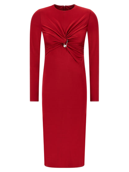 Dress by Versace for women in viscose multicolor & red features a dramatic silhouette, showcasing an elegant crew neckline and long-sleeve that flows into a dramatic midi.