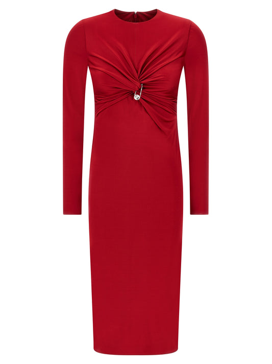 Dress by Versace for women in viscose multicolor & red features a dramatic silhouette, showcasing an elegant crew neckline and long-sleeve that flows into a dramatic midi.