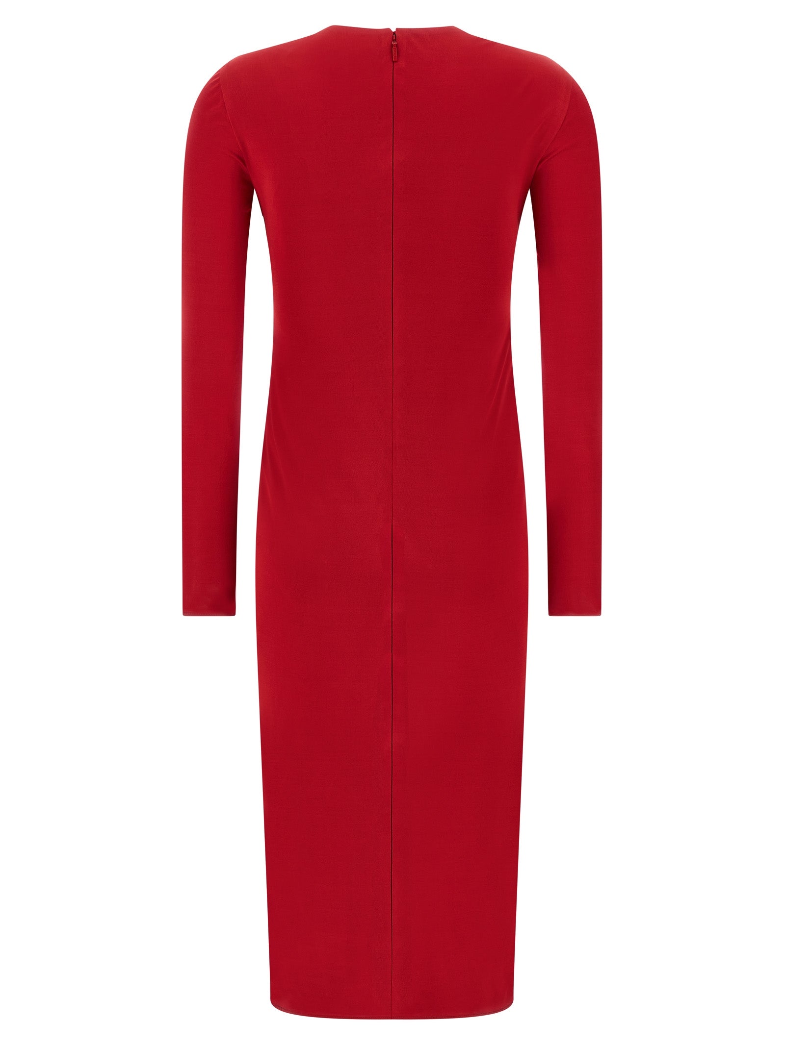 Dress by Versace for women in viscose multicolor & red features an eye catching silhouette with a sophisticated crew neckline, elegant , and a refined midi for a eye catching aesthetic.